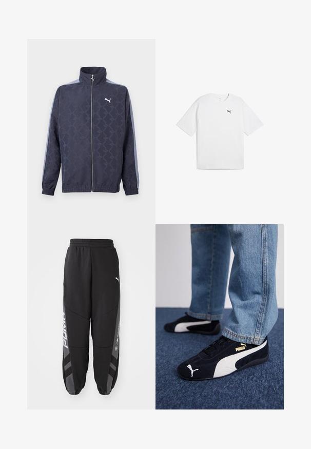 Donkerblauw jack met ritssluiting en een subtiel geometrisch patroon, lichtblauwe strepen op de mouwen, elastische boorden en zoom, en een wit Puma-logo op de borst.; Witte katoenen t-shirt met korte mouwen, ronde halslijn en een klein zwart Puma-logo op de linkerborst. Vlotte textuur.; Zwarte joggers van zacht materiaal. Kenmerken zijn een elastische tailleband, taps toelopende pijpen, grijze accenten en witte logo's op de zijkanten.; Zwarte suède sneakers met witte accenten, voorzien van een gouden logo. Gemaakt met lichtblauwe spijkerbroek en geplaatst op een textuur blauwe ondergrond.
