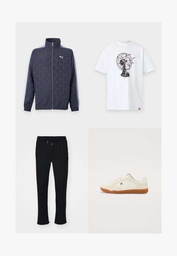 Marineblå lynlåstrøje med subtilt geometrisk mønster, lyseblå striber på ærmerne, elastiske manchetter og kant samt hvidt Puma-logo på brystet.; Hvid T-shirt med en sort vintage blæsergrafik med flere pink mærker mærket "CARHARTT WIP" fastgjort til blæserens blade.; Sorte joggingbukser lavet af blødt stof, med elastisk talje og snor, slids ved kanten og subtil mønstret struktur.; Hvide lædersneakers med en tan gummisål, der har et syet design og et lille logopatch på siden. Low-top silhuet.