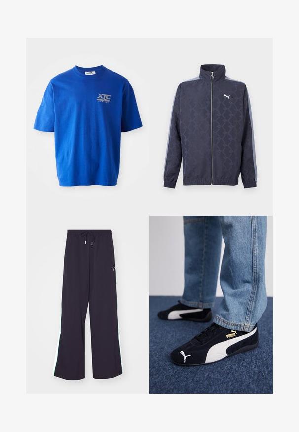 Námornícky modrá bunda na zips s jemným geometrickým vzorom, svetlomodrými pruhmi na rukávoch, elastickými manžetami a lemom a bielym logom Puma na hrudi.; Modrá bavlnená tričko s krátkymi rukávmi, na ktorom sa nachádza šedé logo na hornej ľavej strane hrude, s okrúhlym výstrihom a voľným strihom.; Čierne široké nohavice vyrobené z ľahkej tkaniny. Majú elastický pás so šnúrkou a kontrastné zelené bočné pruhy s logom.; Čierne semišové tenisky s bielymi akcentmi, so zlatým logom. Nosené s svetlomodrými denimovými džínsy a položené na textúrovanej modrej ploche.