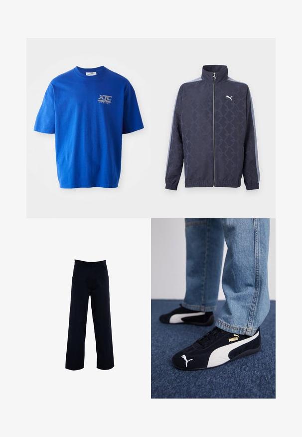 Marineblå lynlåstrøje med subtilt geometrisk mønster, lyseblå striber på ærmerne, elastiske manchetter og kant samt hvidt Puma-logo på brystet.; Blå bomulds t-shirt med kortærmer, prydet med et gråt logo på den øverste venstre bryst, rund halsudskæring og en afslappet pasform.; Mørkeblå bukser med lige ben, lavet af et glat stof, med sidelommer og et klassisk taljebånd.; Sorte ruskinds sneakers med hvide detaljer og et guldlogo. Båret med lyseblå denimjeans og sat på en struktureret blå overflade.
