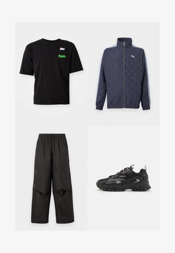 Marineblaue Reißverschlussjacke mit dezentem geometrischem Muster, hellblauen Streifen an den Ärmeln, elastischen Bündchen und Saum sowie weißem Puma-Logo auf der Brust.; Schwarzes Baumwoll-T-Shirt mit kurzen Ärmeln, ausgestattet mit einer Tasche, die eine Katzengrafik und grünen "PUMA"-Text zeigt. Lässiger Schnitt und glatte Textur.; Schwarze locker sitzende Hose mit elastischem Bund, vorderen Reißverschlusstaschen, Knieeinsätzen und dezenten reflektierenden Details an den Seiten.; Schwarze Sneaker mit einem Obermaterial aus Mesh und Synthetik, Gummisohle, abgerundeter Zehenpartie und reflektierenden Akzenten an den Seiten und Schnürsenkeln.