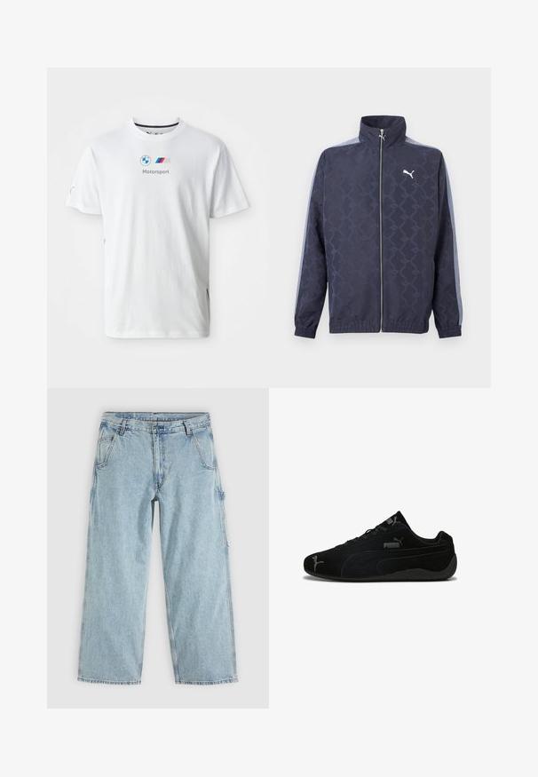 Marineblaue Reißverschlussjacke mit dezentem geometrischem Muster, hellblauen Streifen an den Ärmeln, elastischen Bündchen und Saum sowie weißem Puma-Logo auf der Brust.; Weißes Baumwoll-T-Shirt mit dem BMW-Logo, grauem "Motorsport"-Text und farbigen Akzenten an den Seiten. Kurze Ärmel und Rundhalsausschnitt.; Hellblaue Jeans mit geradem Bein, Vordertaschen, Gürtelschlaufen, Knopfverschluss und einer seitlichen Werkzeugschlaufe.; Schwarze Wildleder-Sportschuhe mit flachem Profil. Merkmale ein strukturiertes Design, eine schwarze Gummisohle und silberne Puma-Logo-Akzente.
