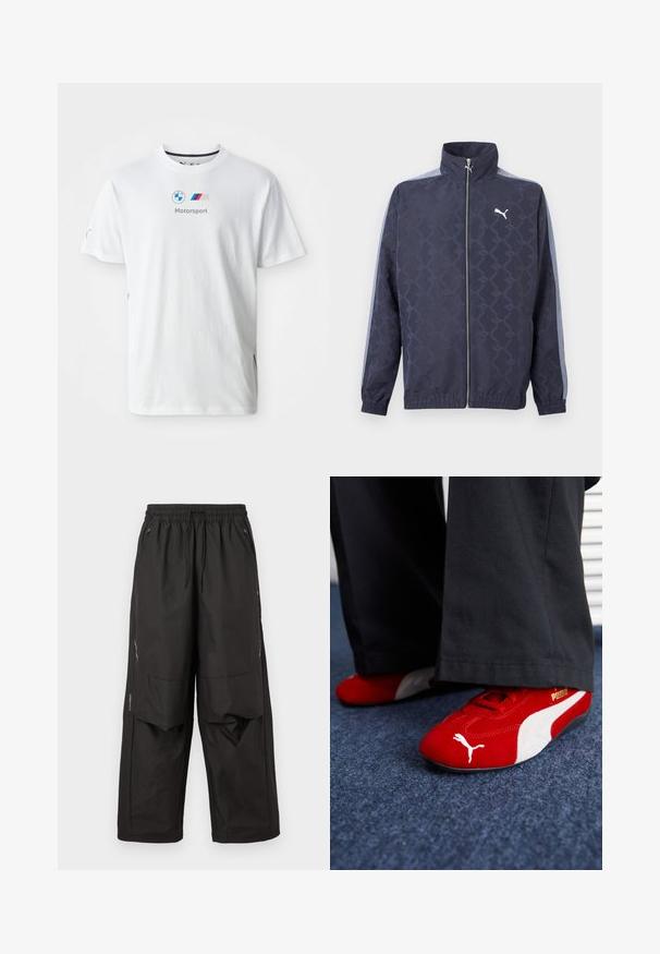 Marineblaue Reißverschlussjacke mit dezentem geometrischem Muster, hellblauen Streifen an den Ärmeln, elastischen Bündchen und Saum sowie weißem Puma-Logo auf der Brust.; Weißes Baumwoll-T-Shirt mit dem BMW-Logo, grauem "Motorsport"-Text und farbigen Akzenten an den Seiten. Kurze Ärmel und Rundhalsausschnitt.; Schwarze locker sitzende Hose mit elastischem Bund, vorderen Reißverschlusstaschen, Knieeinsätzen und dezenten reflektierenden Details an den Seiten.; Rote Wildledersneaker mit weißen Akzenten, aus strukturiertem Material, mit runder Zehenpartie und einem goldenen Logo an der Seite, getragen mit schwarzen Hosen.