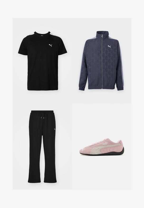 Marineblaue Reißverschlussjacke mit dezentem geometrischem Muster, hellblauen Streifen an den Ärmeln, elastischen Bündchen und Saum sowie weißem Puma-Logo auf der Brust.; Schwarzes Kurzarm-T-Shirt mit weißen Akzentstreifen auf den Schultern, runden Halsausschnitt und kleinem weißen Logo auf der linken Brust. Weicher Stoff, klassische Passform.; Schwarze Jogginghosen mit elastischem Bund und Kordelzug, ausgestattet mit Seitentaschen und einem dezenten Logo am linken Bein. Weicher Stoff, schmal zulaufende Form.; Rosa Wildledersneaker mit grauen Akzenten, stromlinienförmigem Design, strukturiertem Obermaterial und schwarzer Gummisohle. Mit dem Puma-Logo an der Seite.