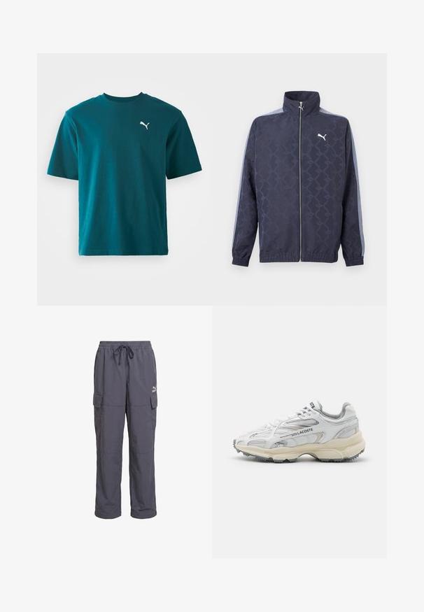 Marineblå lynlåstrøje med subtilt geometrisk mønster, lyseblå striber på ærmerne, elastiske manchetter og kant samt hvidt Puma-logo på brystet.; Teal bomulds t-shirt med korte ærmer, rund hals og et hvidt Puma-logo på venstre bryst; glat tekstur og regular fit.; Mørkegrå løstsiddende cargobukser med elastisk taljebånd, snøre og klaplommer på siderne, med Puma-logo på højre lår.; Hvide sportssko med grå detaljer, overdel i mesh og syntetiske materialer, snørebåndsdesign og tekstureret gummisål med grebemønstre.