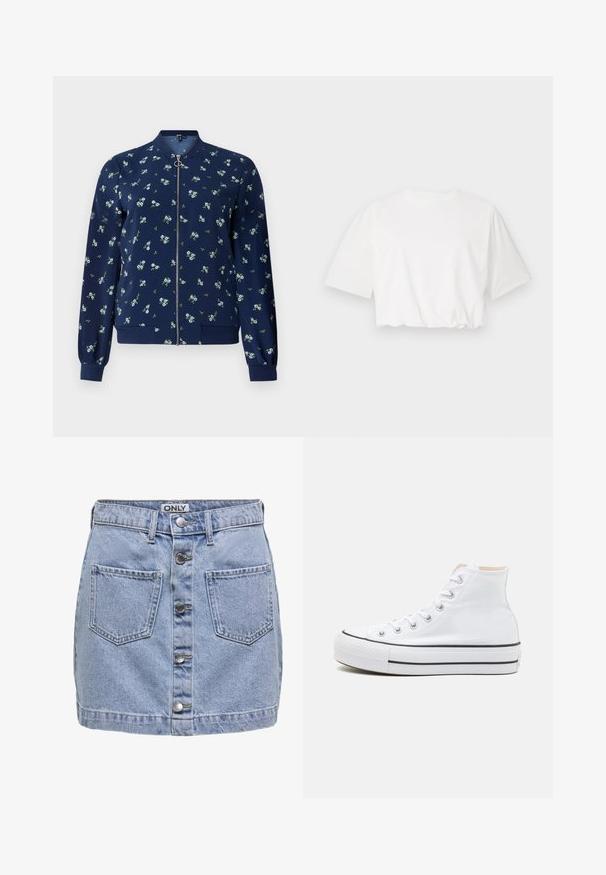 Marine bomberjack met een bloemenpatroon in lichtblauw en groen, voorzien van een ritssluiting aan de voorkant, geribde manchetten en een geribde onderrand voor een getailleerde look.; Witte cropped t-shirt met korte pofmouwen, ronde halslijn en geplooide onderrand, gemaakt van zachte katoenstof.; Lichtblauwe denimminirok met vijf knopen aan de voorkant, twee opgestikte zakken en een iets versleten textuur. Etiket zegt "ONLY."; Witte hoge sneakers van canvasmateriaal, zwarte rubberen zool en contrasterende zwarte streep op de tussenzool. Circulaire neus en vetersluiting.
