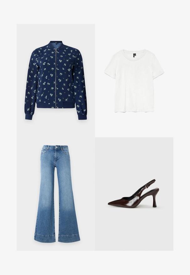Marineblå bomberjakke med blomstermønster i lyseblå og grøn, med lynlås foran, ribbede manchetter og nederkant for et tætsiddende look.; Hvid kortærmet t-shirt med rund halsudskæring, lavet af letvægtsstof. Enkel design, glat tekstur og lige kant.; Lys blå denim flared jeans med høj talje, brede ben og en let falming. Har klassisk fem-lomme-design og metal knaplukning.; Brune patenterede læderslingback-sandaletter med spids tå, en tynd hæl og justerbar rem med en lille spænde.