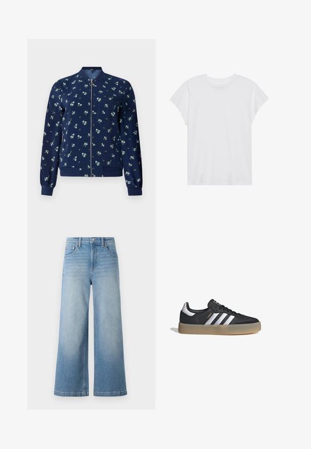 Chaqueta bomber de color azul marino con un patrón floral en azul claro y verde, con cremallera frontal, puños de canalé y dobladillo para un ajuste ceñido.; Camiseta blanca de manga corta con cuello redondo, corte relajado, hecha de suave tela de algodón. Textura lisa, sin estampados ni logotipos.; Jeans de mezclilla de tiro alto de denim azul claro con corte ancho, diseño de cinco bolsillos, costuras visibles y cierre de botón en la parte delantera.; Zapatilla deportiva de cuero negro con tres rayas plateadas, punta texturizada y suela de goma. Cuenta con un collar acolchado y un diseño con cordones.