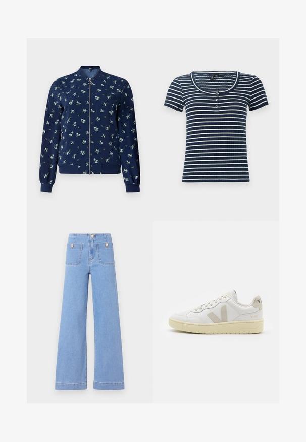 Ναυτικό bomber τζάκετ με floral σχέδιο σε ανοιχτό μπλε και πράσινο, με μπροστινό φερμουάρ, ραμμένα μανίκια και στρίφωμα για εφαρμοστό look.; Ναυτικό μπλε και λευκό ριγέ μπλουζάκι κοντομάνικο με ριμπ ύφανση, στρογγυλή λαιμόκοψη και κλείσιμο με τρία κουμπιά μπροστά. Μαλακή, εφαπτόμενη υφή.; Ανοιχτό μπλε φαρδύ παντελόνι τζιν με ψηλή μέση, δύο πίσω τσέπες και κουμπιά σε χρυσό τόνο. Κατασκευασμένο από τζιν με λεία υφή και καθαρό φινίρισμα.; Λευκά δερμάτινα αθλητικά παπούτσια με μπεζ σουέτ λεπτομέρειες, διάτρητο μπροστινό μέρος, επίπεδα κορδόνια και υφασμάτινη κρεμ σόλα. Διαθέτει διακριτική επωνυμία στη φτέρνα.