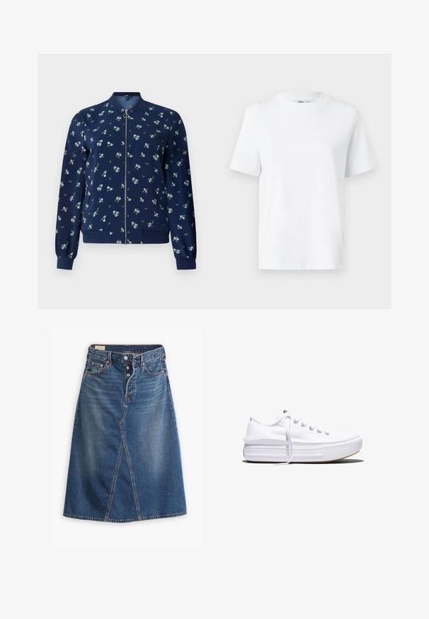 Chaqueta bomber de color azul marino con un patrón floral en azul claro y verde, con cremallera frontal, puños de canalé y dobladillo para un ajuste ceñido.; Camiseta de algodón blanca de cuello redondo con mangas cortas y una textura suave. Diseñada con un ajuste relajado para mayor comodidad y versatilidad.; Falda de mezclilla en tono azul medio con forma de Línea A, abertura delantera, cinco bolsillos y cierre de botones en la cintura.; Zapatilla blanca de lona de perfil bajo con suela gruesa de plataforma, cierre de cordones en el frente y puntera de goma texturizada, mostrada de perfil.