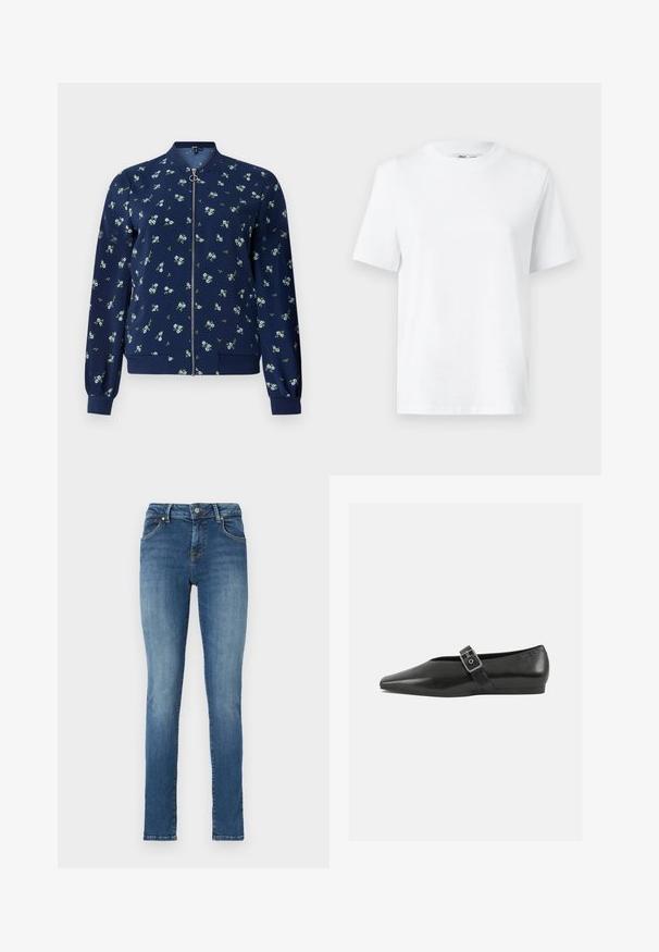 Ναυτικό bomber τζάκετ με floral σχέδιο σε ανοιχτό μπλε και πράσινο, με μπροστινό φερμουάρ, ραμμένα μανίκια και στρίφωμα για εφαρμοστό look.; Λευκό βαμβακερό μπλουζάκι με στρογγυλή λαιμόκοψη, διαθέτει κοντά μανίκια και ομαλή υφή. Σχεδιασμένο με μια χαλαρή εφαρμογή για άνεση και ευχρηστία.; Λεπτά τζιν από denim σε μεσαία μπλε απόχρωση με διακριτική φθορά. Διαθέτουν πέντε τσέπες και μεταλλικό κούμπωμα.; Μαύρο δερμάτινο παπούτσι φλατ με μυτερή μύτη, διαθέτοντας μια μεταλλική πόρπη που διασχίζει το κέντρο του ποδιού και μια χαμηλή, ευέλικτη σόλα.