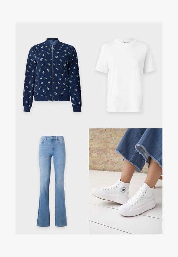 Veste bombardier bleu marine avec un motif floral bleu clair et vert, dotée d'une fermeture éclair frontale, de poignets côtelés et d'un ourlet pour un look ajusté.; T-shirt en coton blanc à col rond, avec des manches courtes et une texture lisse. Conçu avec une coupe décontractée pour plus de confort et de polyvalence.; Jeans évasés bleu clair avec une taille mi-haute, un design classique à cinq poches et une légère décoloration le long des jambes. Texture en denim.; Personne portant des baskets Converse blanches montantes avec des semelles épaisses et un jean bleu court à ourlet effiloché, contre un mur en briques et un sol blanc.