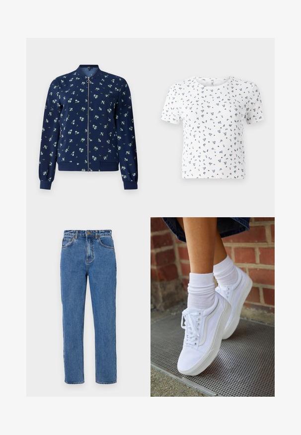 Marineblå bomberjakke med blomstermønster i lyseblå og grøn, med lynlås foran, ribbede manchetter og nederkant for et tætsiddende look.; Hvid kortærmet t-shirt med ribbet tekstur og et blomsterdesign i blå og grøn over det hele. Rund halsudskæring og afslappet pasform.; Højtaljede blå denimjeans, lige ben, knaplukning, fem lommer, let falming og tonale syninger.; Hvide lærreds sneakers med gummisåler, der har seks snørehuller, rund tå og let sømdetaljer, krydret med hvide ankelstrømper.