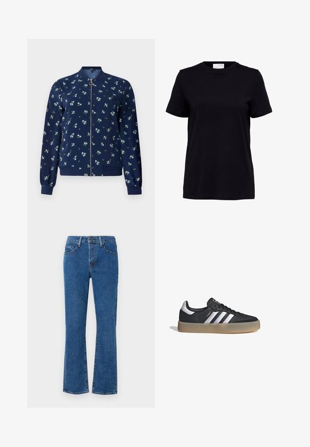 Chaqueta bomber de color azul marino con un patrón floral en azul claro y verde, con cremallera frontal, puños de canalé y dobladillo para un ajuste ceñido.; Camiseta negra de manga corta con cuello redondo, bajo recto y etiqueta blanca en la parte trasera del interior del cuello.; Jeans de mezclilla azul claro con corte recto, diseño de cinco bolsillos y detalles de costura. La tela tiene textura con un ligero desvanecimiento.; Zapatilla deportiva de cuero negro con tres rayas plateadas, punta texturizada y suela de goma. Cuenta con un collar acolchado y un diseño con cordones.