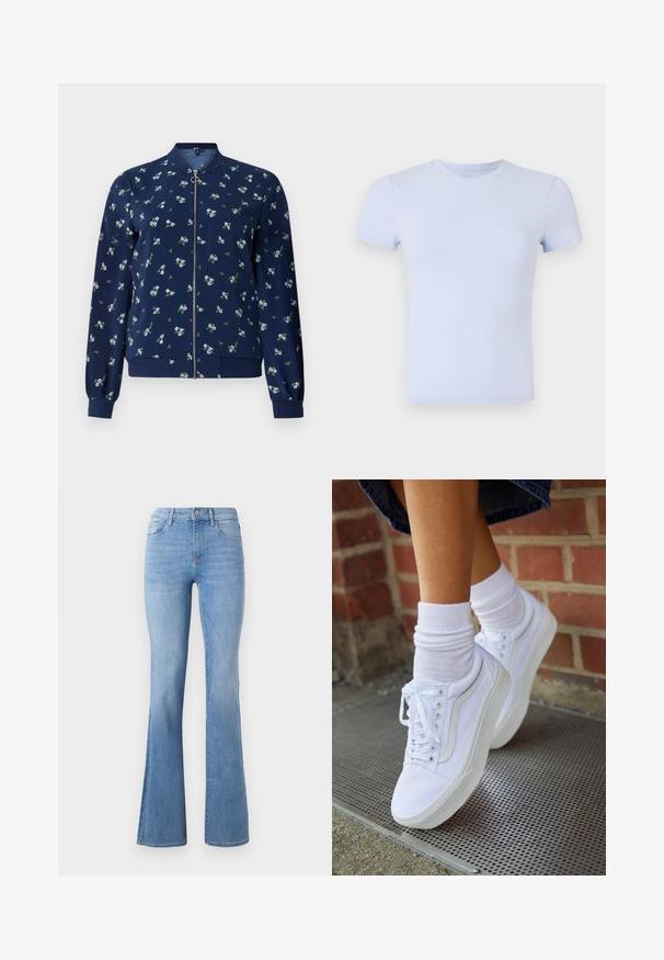 Marineblå bomberjakke med blomstermønster i lyseblå og grøn, med lynlås foran, ribbede manchetter og nederkant for et tætsiddende look.; Good American SUPER STRETCH BABY TEE - T-shirts basic - periwinkle; Lysblå flagrende jeans med mellemhøj talje, klassisk fem-lomme design og subtil fading langs benene. Denim stoftekstur.; Hvide lærreds sneakers med gummisåler, der har seks snørehuller, rund tå og let sømdetaljer, krydret med hvide ankelstrømper.