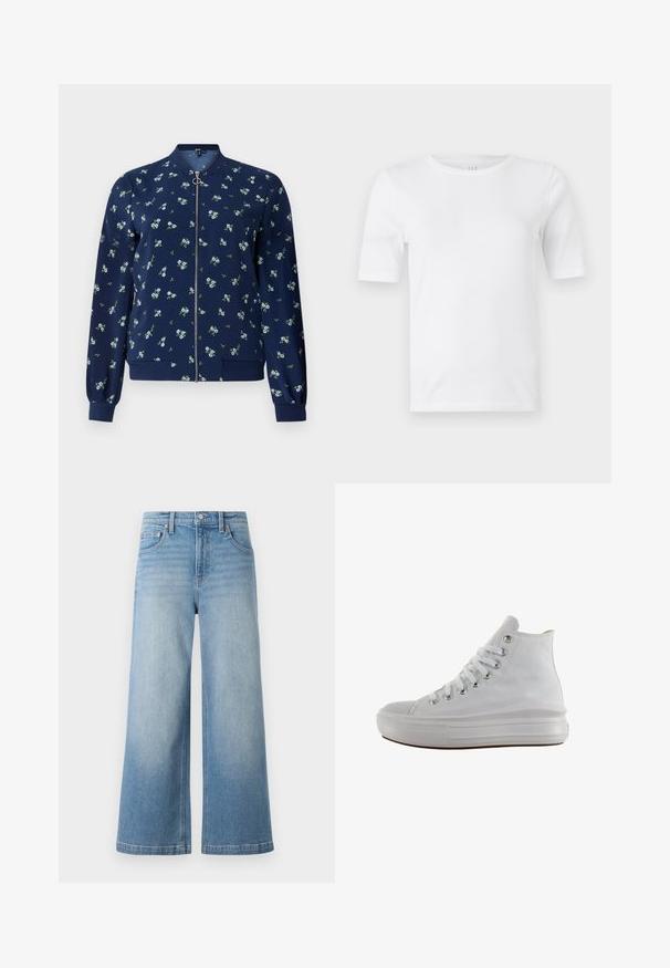 Marineblå bomberjakke med blomstermønster i lyseblå og grøn, med lynlås foran, ribbede manchetter og nederkant for et tætsiddende look.; Hvid bomulds-T-shirt med rund hals og korte ærmer. Glat tekstur, almindelig pasform. Ingen mønstre eller accenter synlige.; Lyseblå denim bredbenede jeans med høj talje, fem-lomme design, synlig syning og knappelukning foran.; Hvid højt canvas sneaksko med hvide snørebånd, metaløjer, tyk gummisål og tekstureret tåhætte, vendt mod venstre på en hvid baggrund.
