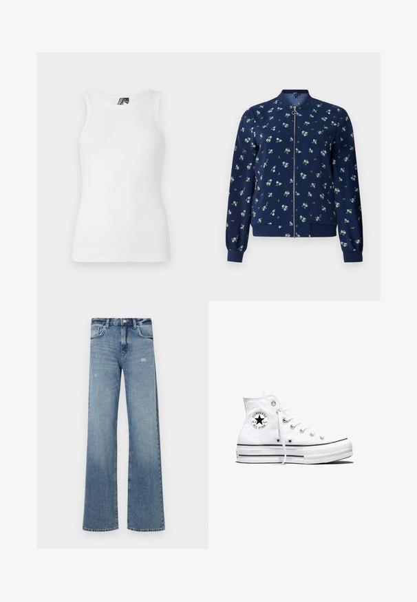 Chaqueta bomber de color azul marino con un patrón floral en azul claro y verde, con cremallera frontal, puños de canalé y dobladillo para un ajuste ceñido.; Top de tirantes blanco con canalé, que presenta un escote redondo y un diseño sin mangas, hecho de una suave mezcla de algodón con una silueta ajustada.; Jeans de mezclilla azul claro con cintura alta, diseño de pierna ancha, ligera desgastación y estructura tradicional de cinco bolsillos.; Zapatilla blanca de caña alta Converse Chuck Taylor All Star con parche de logo negro y cordones blancos, presentada sobre fondo blanco.
