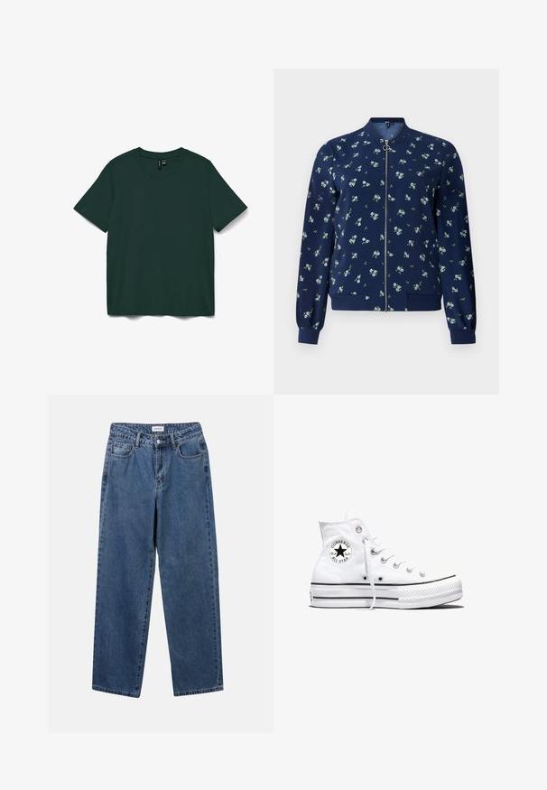 Chaqueta bomber de color azul marino con un patrón floral en azul claro y verde, con cremallera frontal, puños de canalé y dobladillo para un ajuste ceñido.; Camiseta de manga corta de color verde oscuro, hecha de tela suave. Presenta un cuello redondo y un diseño simple y recto. Sin patrones ni adornos.; Jeans de mezclilla azul clásico con un diseño de pierna recta, cinco bolsillos y cierre de botón. Presenta un lavado medio y una textura resistente.; Zapatilla blanca de caña alta Converse Chuck Taylor All Star con parche de logo negro y cordones blancos, presentada sobre fondo blanco.