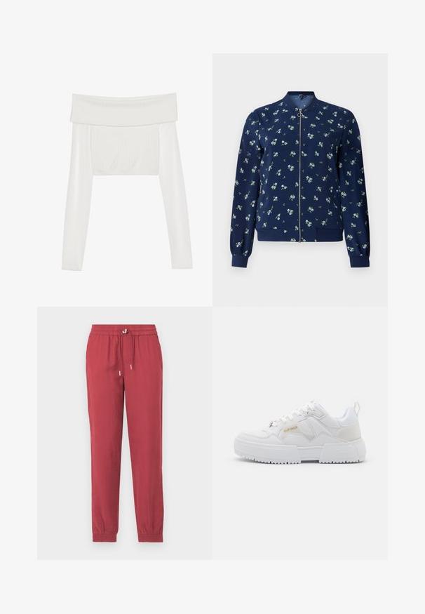 Marineblå bomberjakke med blomstermønster i lyseblå og grøn, med lynlås foran, ribbede manchetter og nederkant for et tætsiddende look.; Hvid af-shoulder cropped top med lange ærmer, ribbet tekstur på kroppen, glatte ærmer og elastisk bånd ved kanten.; Røde, letvægts, tapered bukser med elastisk talje og snøre. Har anklerib og en glat tekstur.; Hvide sneakers med et chunky design, fremstillet af læder og syntetiske materialer, med teksturerede detaljer, snørebånd og et fremtrædende logo i guld.