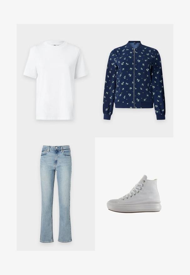 Ναυτικό bomber τζάκετ με floral σχέδιο σε ανοιχτό μπλε και πράσινο, με μπροστινό φερμουάρ, ραμμένα μανίκια και στρίφωμα για εφαρμοστό look.; Λευκό βαμβακερό μπλουζάκι με στρογγυλή λαιμόκοψη, διαθέτει κοντά μανίκια και ομαλή υφή. Σχεδιασμένο με μια χαλαρή εφαρμογή για άνεση και ευχρηστία.; Απαλά μπλε τζην παντελόνι με ψηλή μέση, ίσια γραμμή και ελαφριά φάσα στο στρίφωμα. Διαθέτει θηλιές ζώνης και μπροστινές και πίσω τσέπες.; Άσπρο αυθεντικό ψηλό πάνινο παπούτσι με λευκά κορδόνια, μεταλλικές οπές, παχιά λαστιχένια σόλα και υφασμένη προστασία στα δάχτυλα, στραμμένο προς τα αριστερά σε λευκό φόντο.