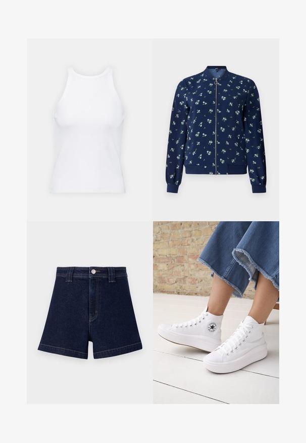 Marineblå bomberjakke med blomstermønster i lyseblå og grøn, med lynlås foran, ribbede manchetter og nederkant for et tætsiddende look.; Hvid ærmeløs tanktop lavet af ribbet stof, med en rund halsudskæring og en tætsiddende silhuet, med minimale sømme og ingen pynt.; Mørkeblå denimshorts med klassisk snit, fem-lomme design og kontrastfarvet gul syning samt metalknaplukning.; Person iført hvide høje Converse-sneakers med tykke såler og beskårne blå jeans med flossede kanter mod en murstensvæg og hvidt gulv.