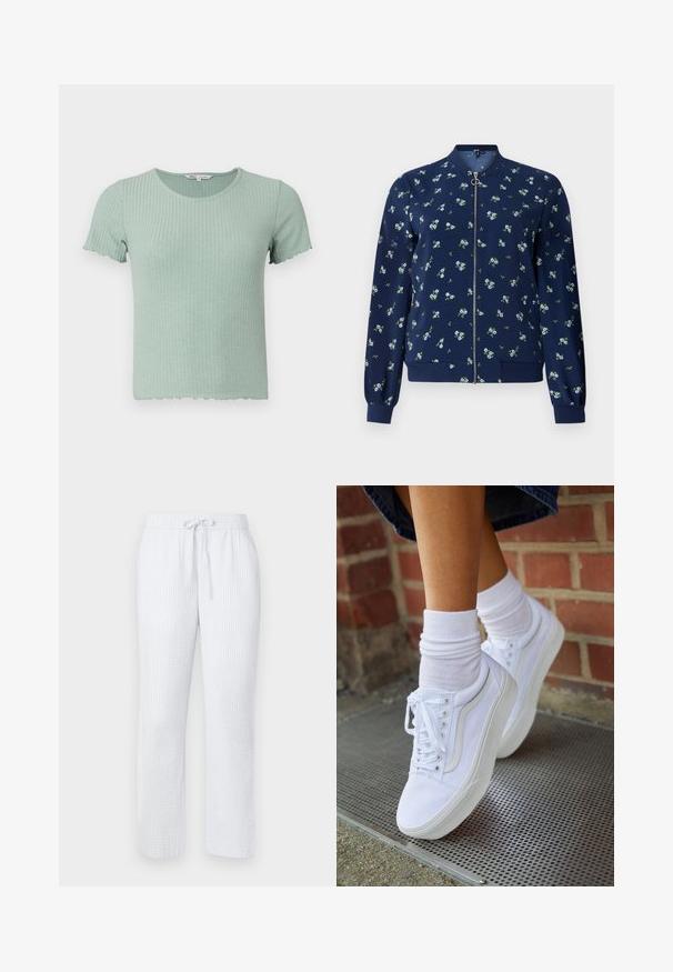 Veste bombardier bleu marine avec un motif floral bleu clair et vert, dotée d'une fermeture éclair frontale, de poignets côtelés et d'un ourlet pour un look ajusté.; T-shirt en coton côtelé vert clair avec des manches courtes et un ourlet festonné. Présente un col rond et une texture douce.; Pantalon de pyjama bleu clair avec un motif texturé, taille élastique et cordon de serrage. Conception à jambes droites, tissu léger.; Baskets en toile blanches avec semelles en caoutchouc, dotées de six œillets, d'un bout rond et de détails de couture légers, portées avec des chaussettes blanches mi-mollet.