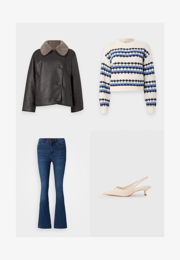 Brun læderjakke med shearling-krave, der har knaplukning foran, lige pasform og sidelommer. Glat tekstur med minimal detaljer.; Striktrøje i creme med blå og sorte zigzag-striber, har rund halsudskæring og ribbede manchetter. Krot design med struktureret stof.; Mørkeblå denim flare jeans med for- og baglommer, knap- og lynlåslukning samt slidte detaljer på lår og knæ.; Spidsnæbbede slingback sko i off-white læder, med en lille sløjfedetalje og en lav kitten heel. Glat tekstur, minimalistisk design.