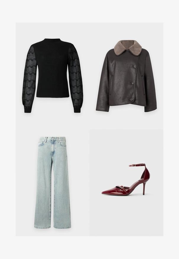 Veste en cuir marron avec un col en fausse fourrure, dotée d'un boutonnage sur le devant, d'une coupe droite et de poches latérales. Texture lisse avec des détails minimes.; Pull noir avec une texture côtelée et un col haut, doté de manches en dentelle transparente à motif et de poignets ajustés.; Jean large bleu clair en denim, avec taille haute, cinq poches et un ourlet qui tombe jusqu'à la cheville avec des bords effilochés.; Chaussures à talons hauts en cuir verni bordeaux avec un bout pointu, une bride de cheville et des détails décoratifs en boucle argentée. Texture lisse et design épuré.