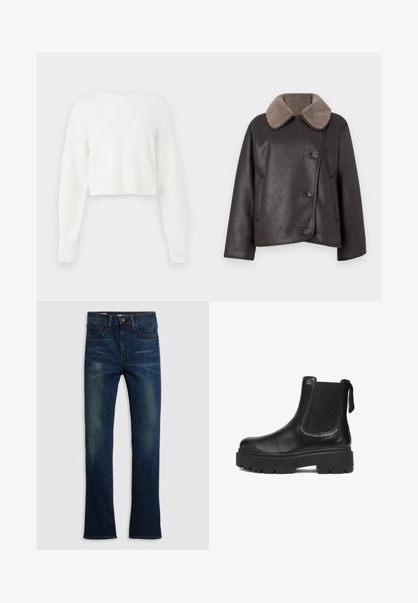 Bruine leren jas met een schapenvacht kraag, voorzien van een knoopsluiting, een rechte snit en zijzakken. Gladde textuur met minimale detailing.; Witte cropped trui met lange mouwen, geribbelde structuur en ronde hals. Gemaakt van zachte, lichte materialen.; Donkerblauwe denim jeans met een rechte pijp, een vijf-pocket stijl en subtiele slijtage-details aan de voorkant.; Zwarte leren enkelboot met stevige profielzool, elastisch zijpaneel, trekhaak aan de hiel en klein metalen logo nabij de bovenkant.
