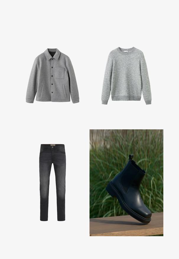 Graue Wolljacke mit Knopfleiste, Kragen, Brusttasche und Seitentaschen. Verfügt über ein strukturiertes Finish und eine lockere Passform.; Grauer Pullover aus strukturiertem Strickstoff mit Zickzackmuster, rundem Ausschnitt sowie gerippten Bündchen an Ärmeln und Saum. Regulär geschnitten.; Dunkelblaue Jeans mit Slim-Fit-Schnitt, Knopfverschluss, fünf Taschen und einem leichten Ausbleichungseffekt an den Oberschenkeln.; Schwarze Leder-Chelsea-Boots mit elastischen Seiten, runder Spitze, niedrigem Absatz und einer Lasche auf der Rückseite, vor einem verschwommenen grünen Hintergrund.