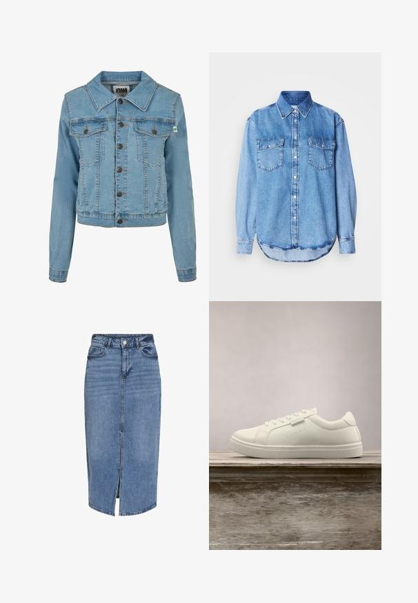 Urban Classics Jeansjacke - clearblue bleached; Jeanshemd in Hellblau mit klassischem Kragen, durchgehender Knopfleiste, zwei Brusttaschen und rundem Saum mit Ziernähten.; Denim-Midikleid in Hellblau mit einem Schlitz vorne, fünf Taschen, Gürtelschlaufen und einem Knopfverschluss an der Taille. Klassische Passform und Textur.; Weißer Leder-Sneaker mit Schnürsenkeln schwebt über einer hölzernen Bank, im Hintergrund ist das grüne hohe Gras unscharf zu sehen.