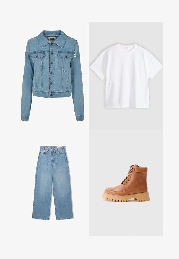 Urban Classics Denimová bunda - clearblue bleached; Biele bavlnené tričko s krátkym rukávom, okrúhlym výstrihom, voľným strihom, hladkou textúrou a malou značkou loga na ľavom bočnom šve.; Svetlomodré široké džínsy vyrobené z denimu, s vysokým pásom, piatimi vreckami, zapínaním na gombík a jemným vyblednutím pre textúru.; Hnedé kožené šnurovacie členkové topánky s polstrovaným golierom a hrubou vrúbkovanou gumovou podrážkou na jednofarebnom svetlom pozadí.