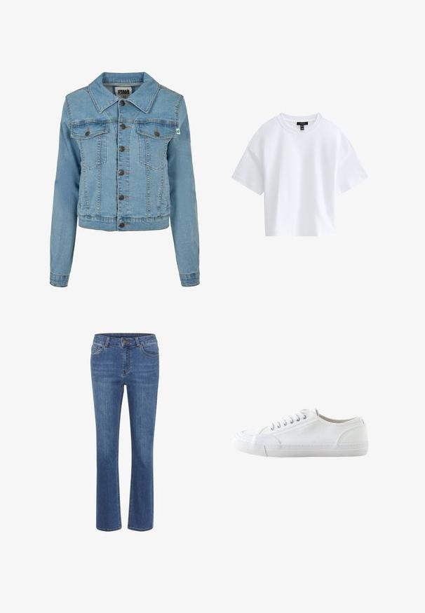 Urban Classics Cowboyjakker - clearblue bleached; Simpel hvid kortærmet crop top med rund halsudskæring og sort mærke indeni kraven.; Blå denimjeans med lige ben, tætsiddende talje, bæltesløjfer, fem lommer og en lille brun knap i taljen.; Hvid lavtop lærredsneaker med hvide snørebånd og gummisål, vist fra siden på en hvid baggrund.