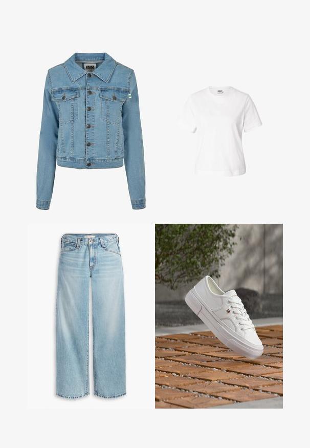 Urban Classics Denimová bunda - clearblue bleached; Jednoduché biele tričko s krátkym rukávom a okrúhlym výstrihom, klasického strihu s viditeľnou značkou vo vnútri goliera na bielom pozadí.; Svetlomodré džíny s voľnými nohavicami vyrobené z denimu, s vysokým pásom, gombíkovým zapínaním a rozstrapkaným lemom. Viditeľné švy a vrecká.; Biely kožený teniska so šnúrkami a malým červeno-bielo-modrým logom, vznášajúca sa nad vzorovaným dreveným a kamenným vonkajším povrchom.