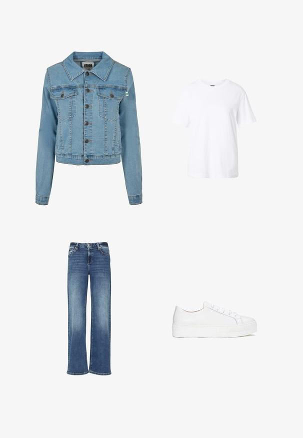 Urban Classics Chaqueta vaquera - clearblue bleached; Camiseta blanca lisa de manga corta con cuello redondo, ajuste holgado y una pequeña etiqueta en el interior del cuello.; Jeans de mezclilla azul de pierna ancha con un lavado deslavado, cierre de botón y diseño de cinco bolsillos. Presenta un corte recto y holgado.; Zapatilla blanca de cuero con superficie lisa, punta redonda y suela plana. Presenta cierre con cordones y detalles de costura sutiles.