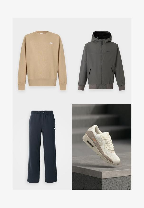 Šedá mikina na zips s kapucňou, s elastickými manžetami a spodným lemom, dvoma bočnými vreckami a hladkým, vodoodpudivým povrchom.; Svetrová mikina Nike v béžovej farbe s okrúhlym výstrihom, dlhými rukávmi a bielym logom na hrudi. Tkanina vyzerá jemne a má hladkú štruktúru.; Tmavomodré tepláky s elastickým pásom a šnúrkou. Vyrobené z mäkkej látky, s malým bielym logom na ľavom boku.; Béžovo-biely atletický tenisky s sieťovinovými a koženými panelmi, podrážkou s vzduchovým vankúšom a šnúrkami, umiestnený sklonom na betónovom okraji.