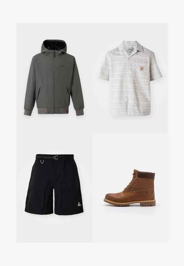Chaqueta gris con cremallera y capucha, que cuenta con puños y dobladillo elásticos, dos bolsillos laterales y un acabado de tela suave e impermeable.; Camisa de mangas cortas en gris claro con rayas verticales, cierre de botones en el frente y un bolsillo en el pecho que presenta un pequeño logo naranja. Tejido de mezcla de algodón.; Bermudas de cargo negras con cinturilla elástica, cinturón integrado, grandes bolsillos laterales y logo ACG en triángulo en la pierna derecha.; Botas de senderismo de cuero marrón con un acabado suave, tobillo acolchado, ojales de metal y suela de goma con un patrón de tracción robusto.