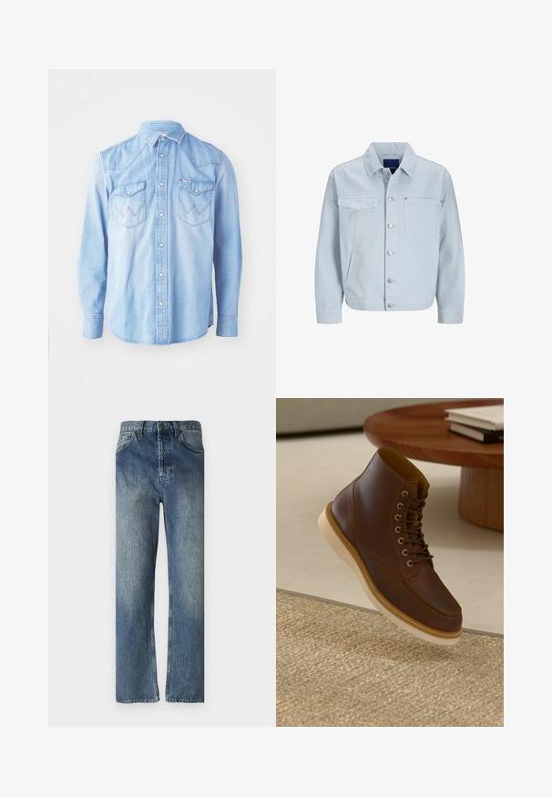 Hellblaue Jeansjacke mit Kragen, vorderer Knopfleiste, zwei Brusttaschen, Seitentaschen und leicht taillierten Ärmeln.; Hellblaues Denim-Hemd mit langen Ärmeln, spitzem Kragen, zwei Brusttaschen mit Zickzackstickmustern und Knopfverschluss.; Blaue Denim-Jeans mit geradem Bein, featuring einem verwaschenen Look, Gürtelschlaufen, Vordertaschen und einer einzelnen Gesäßtasche.; Braune Leder-Ankle-Boots mit beiger Sohle auf einem strukturierten beigen Teppich neben einem runden Holztisch mit gestapelten Büchern.