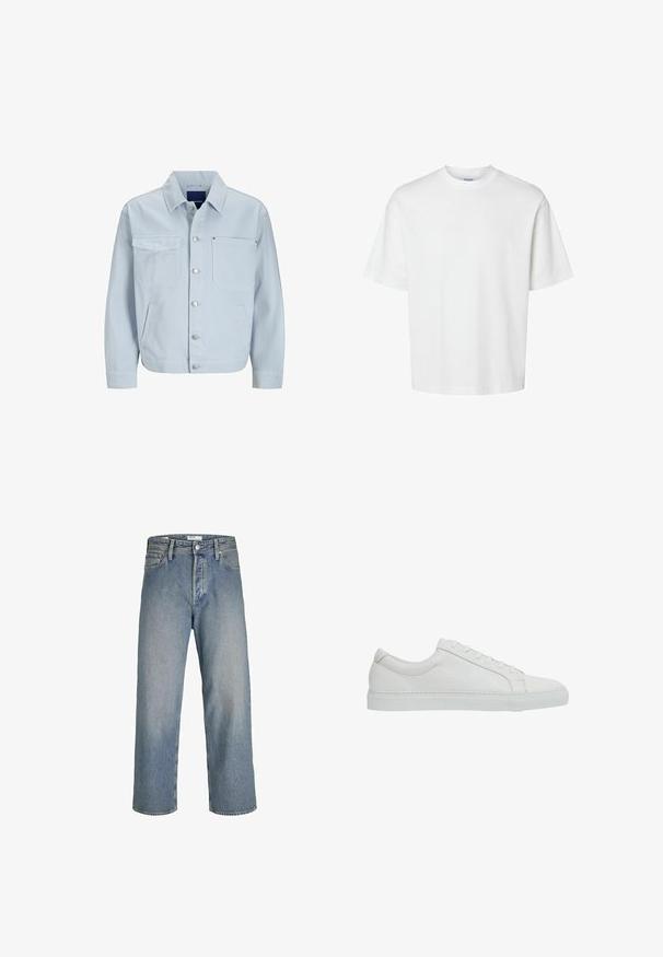 Lichtblauwe denimjas met een kraag, front knoopsluiting, twee borstzakken, zijzakken en iets taps toelopende mouwen.; Effen witte korte mouw T-shirt met ronde hals en een losse pasvorm, getoond op een witte achtergrond.; Lichtblauwe denim jeans met een losse pasvorm, hoge taille en rechte pijpen. Bevat voorzakken en een metalen knoopsluiting.; Reiss REGULAR FIT - LUCA TUMBLED - Sneakers laag - white