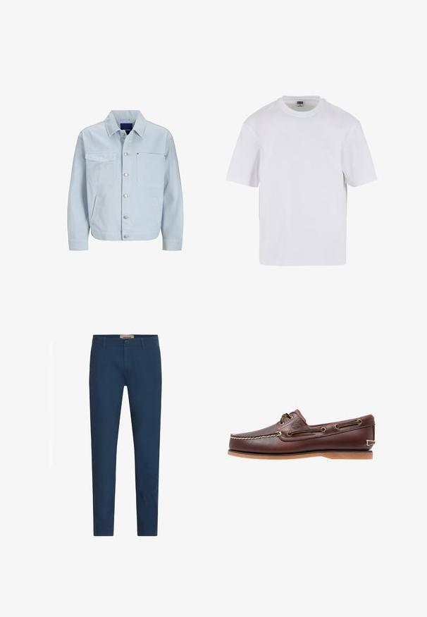 Lichtblauwe denimjas met een kraag, front knoopsluiting, twee borstzakken, zijzakken en iets taps toelopende mouwen.; Witte kraagloze t-shirt met korte mouwen, gemaakt van katoen. Heeft een ronde halslijn en een losse pasvorm. Soepele textuur, minimalistisch ontwerp, geen patronen of accenten.; Marineblauwe slim-fit herenbroek met riemlussen, sluiting met knoop aan de voorkant en zijzakken, tentoongesteld tegen een witte achtergrond.; Bruine leren bootschoen met witte stiksels, veterdetails en beige rubberen zool, zijaanzicht op een witte achtergrond.