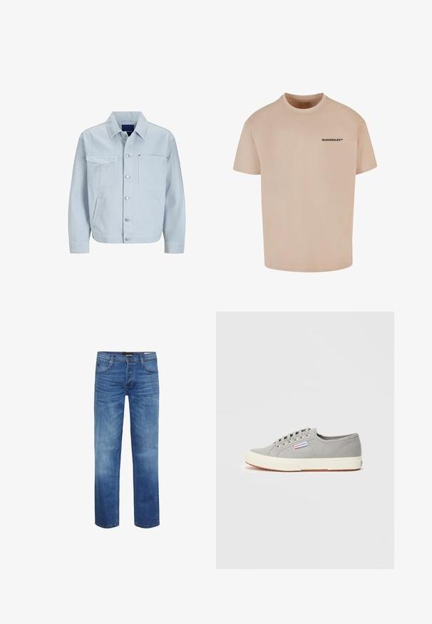 Lichtblauwe denimjas met een kraag, front knoopsluiting, twee borstzakken, zijzakken en iets taps toelopende mouwen.; Beige katoenen t-shirt met een ronde hals en korte mouwen, voorzien van een zwart gedrukt logo "MJGONZALES™" op de bovenste linkerzijde.; Lichtblauwe denim jeans met een vervaagd uiterlijk, rechte snit, vijf-vakken ontwerp en een ritssluiting. Kenmerkt zich door bruine stiksels en een logo-label.; Lichtgrijze lage canvas sneaker met witte rubberen zool en veters, met een klein label aan de zijkant met de merknaam "Superga."