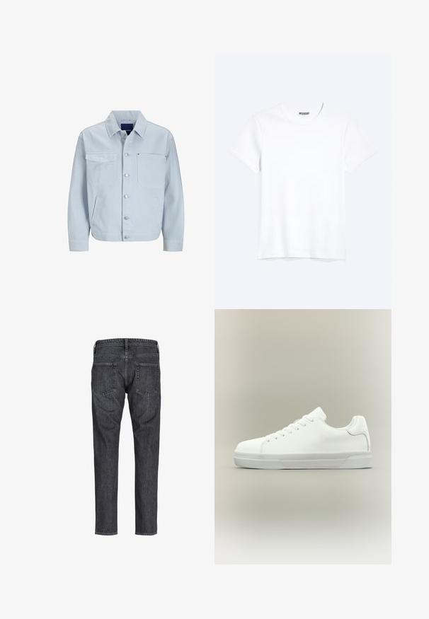 Hellblaue Jeansjacke mit Kragen, vorderer Knopfleiste, zwei Brusttaschen, Seitentaschen und leicht taillierten Ärmeln.; Schlichtes weißes T-Shirt mit kurzen Ärmeln und Rundhalsausschnitt mit gut sichtbarem WEEKDAY-Label am Kragen, dargestellt auf hellem Hintergrund.; Rückansicht einer dunkelgrauen Jeans aus Denim mit zwei Gesäßtaschen, Gürtelschlaufen und geradem Bein.; Weißer Sneaker in niedriger Schnittform mit Schnürung vorne, gepolstertem Kragen und strukturiertem Gummisohle, seitlich auf neutralem Hintergrund dargestellt.