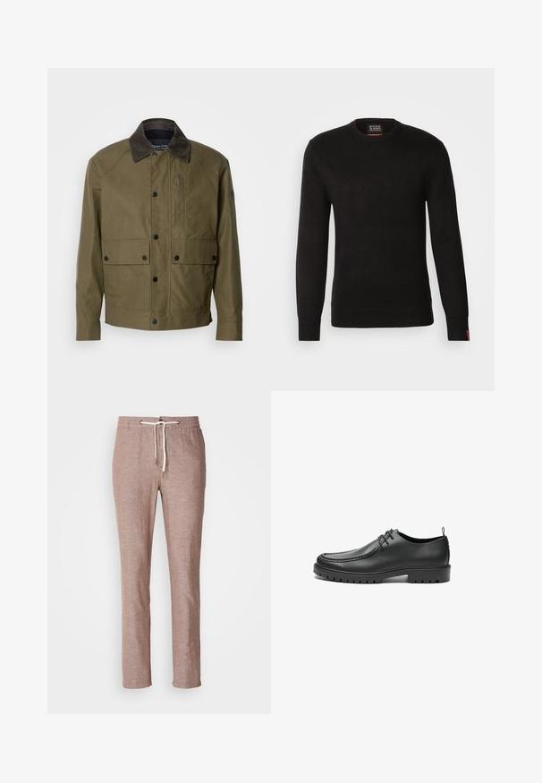 Veste vert olive en tissu texturé, dotée d'un col en velours côtelé marron, de boutons-pression, de deux poches avant et d'une poche zippée sur la poitrine.; Scotch & Soda REGULAR FIT CREW NECK - Pullover - meteorite; Pantalons en lin marron clair avec taille à cordon, coupe droite et surface légèrement texturée. Pas de poches supplémentaires ni de décorations.; Chaussures en cuir noir avec une finition lisse, bout arrondi et coutures décoratives. Elles possèdent une semelle en caoutchouc avec des rainures de traction et un laçage.