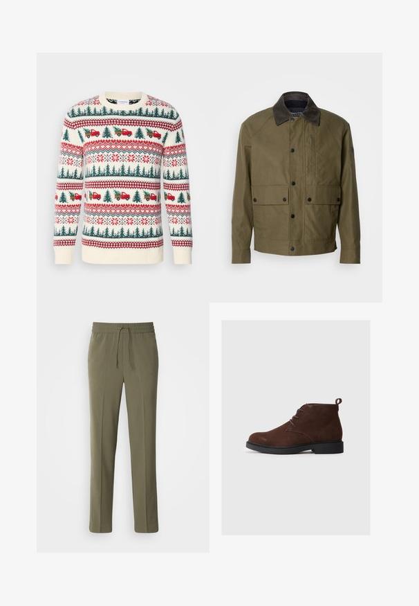 Olivegrüne Jacke aus strukturiertem Stoff, mit einem braunen Cordkragen, Druckknöpfen, zwei Fronttaschen und einer Reißverschlusstasche auf der Brust.; Strickpullover mit einer cremefarbenen Basis, roten und grünen Mustern von Bäumen, Lastwagen und Schneeflocken, mit gerippten Bündchen und Saum.; Olivengrüne, leichte Hose mit elastischem Bund und verstellbarem Kordelzug; gerades Bein Design und glatte Textur.; Braune Wildleder-Ankle Boots mit abgerundeter Spitze, Schnürdesign und kleinem Absatz. Verfügt über eine Schlaufe hinten für einfaches Anziehen.
