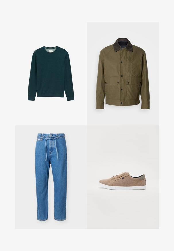 Chaqueta verde oliva hecha de una tela texturizada, con un cuello de pana marrón, botones a presión, dos bolsillos frontales y un bolsillo con cremallera en el pecho.; Sudadera de manga larga verde oscuro con cuello redondo acanalado, textura suave y un sutil detalle del logo en la parte frontal. Corte clásico.; Vaqueros de mezclilla azul con pierna recta, cintura alta, botón frontal, cierre de cremallera y un cinturón delgado de mezclilla atado en la cintura.; Zapatillas de lona beige con un diseño de caña baja, suela de goma blanca y cordones redondos. Presenta un acento en el talón gris contrastante y un detalle del logo.