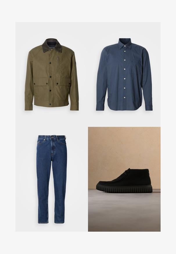 Veste vert olive en tissu texturé, dotée d'un col en velours côtelé marron, de boutons-pression, de deux poches avant et d'une poche zippée sur la poitrine.; Chemise bleu marine à manches longues, à motif à petits carreaux, avec une poche poitrine unique et des boutons blancs sur fond uni.; Jean bleu foncé en denim, avec une coupe droite, style cinq poches et des coutures apparentes le long des coutures.; Bottes de cheville noires en matériau doux, avec un bout rond, un lacet minimal, et une semelle en caoutchouc texturée comportant des rainures verticales.