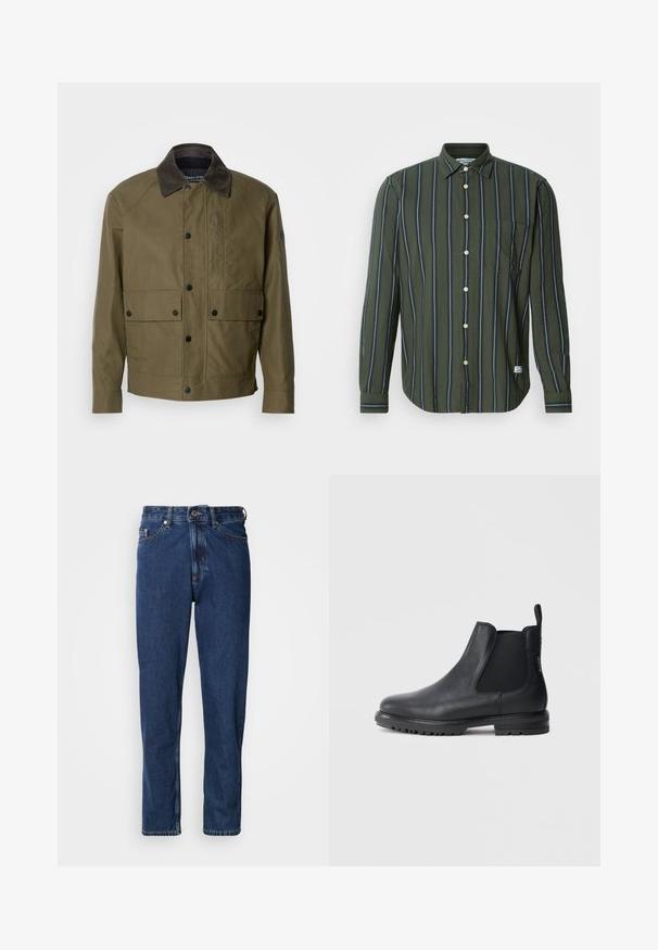 Veste vert olive en tissu texturé, dotée d'un col en velours côtelé marron, de boutons-pression, de deux poches avant et d'une poche zippée sur la poitrine.; Chemise verte à manches longues avec des rayures verticales bleu marine et blanches. Elle présente une fermeture à boutons sur le devant, un col et une poche poitrine unique.; Jean bleu foncé en denim, avec une coupe droite, style cinq poches et des coutures apparentes le long des coutures.; Bottes Chelsea en cuir noir avec inserts élastiques sur les côtés, bout arrondi et semelle en caoutchouc texturée. Tirette à l'arrière pour faciliter l'enfilage.
