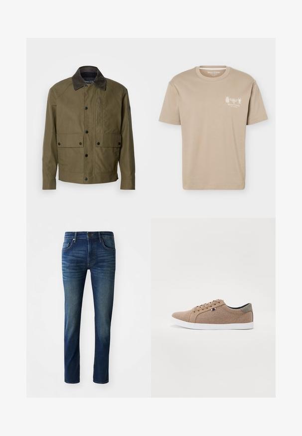 Olivegrüne Jacke aus strukturiertem Stoff, mit einem braunen Cordkragen, Druckknöpfen, zwei Fronttaschen und einer Reißverschlusstasche auf der Brust.; Beiges T-Shirt mit kurzen Ärmeln und rundem Ausschnitt, mit kleinen Insektengrafiken und „Marc O'Polo“-Logo auf der linken Brust.; Dunkelblaue Jeans aus Denim mit Slim-Fit, fünf Taschen, einem vorderen Knopfverschluss und einer dezenten, ausgebleichten Textur an den Beinen.; Beige Leinensneaker mit einem Low-Top-Design, weißer Gummisohle und runden Schnürsenkeln. Mit kontrastierenden grauen Akzenten an der Ferse und einem Logo-Detail.