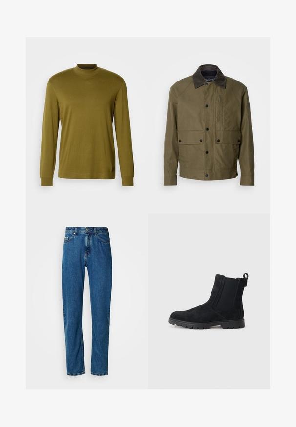 Olijfgroene jasje van textuurstof, met een bruine corduroy kraag, drukknoopsluiting, twee voorzakken en een ritszak op de borst.; Olijfgroene longsleeve turtleneck shirt van zacht materiaal, met een getailleerd ontwerp en ribbelboorden bij de nek en manchetten.; Blauwe rechte spijkerbroek met vijf zakken en een knoopsluiting aan de voorkant op een witte achtergrond.; Zwarte suède Chelsea-boots met een gestructureerde bovenkant, elastische zijpanelen, een trekband en een robuuste rubberen zool voor grip.