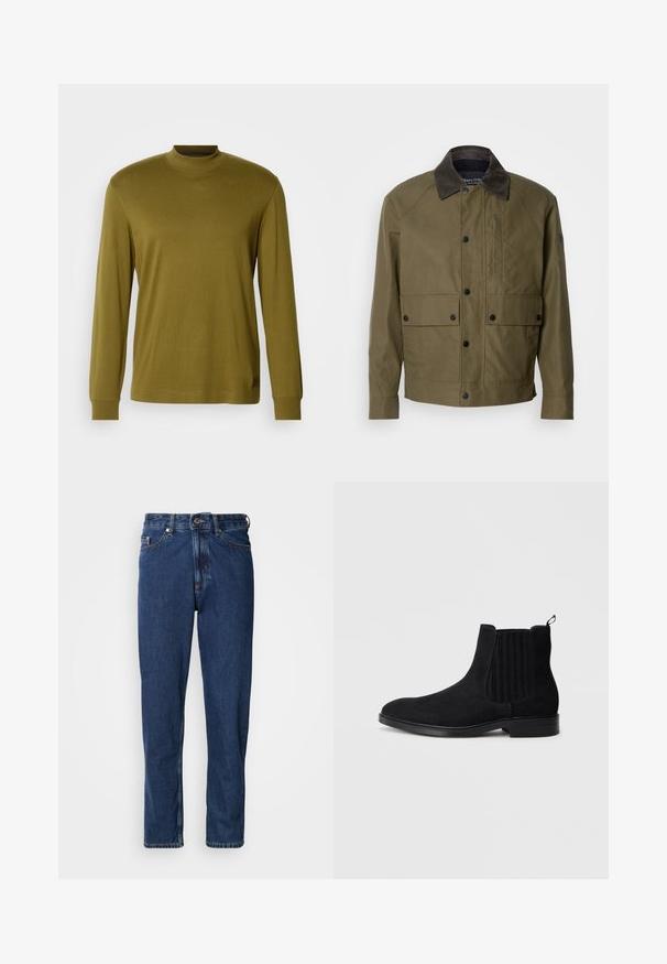 Olivegrüne Jacke aus strukturiertem Stoff, mit einem braunen Cordkragen, Druckknöpfen, zwei Fronttaschen und einer Reißverschlusstasche auf der Brust.; Olivengrünes Langarm-Turtleneck-Shirt aus weicher Stoff, mit taillierter Passform und geripptem Kragen sowie Ärmeln.; Dunkelblaue Jeans aus Denim mit geradem Bein, Fünf-Taschen-Stil und sichtbaren Nähten entlang der Nähte.; Schwarzer Wildlederschuh im Chelsea-Stil mit elastischen Seitenteilen, runder Zehenform, subtiler Textur und Ziehhilfe an der Rückseite. Flache Gummisohle.